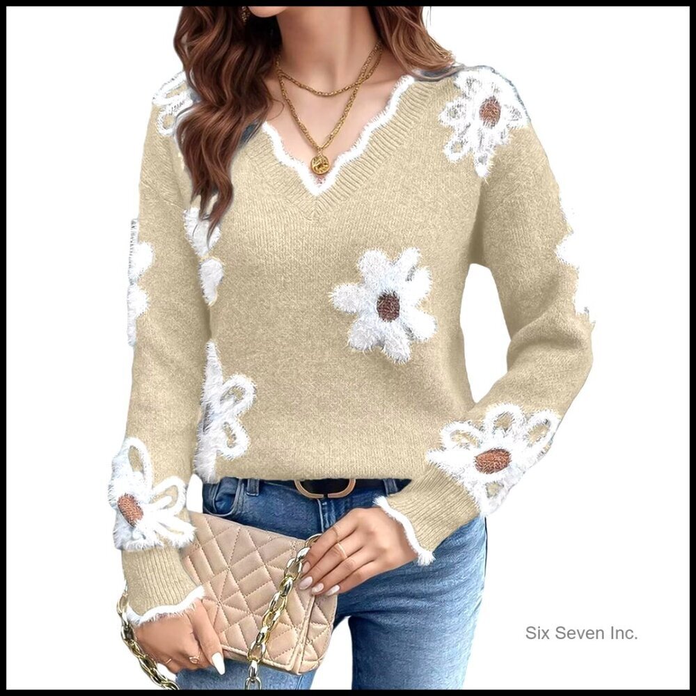 Floral Fuzzy Pullover Sweater Scalloped V Neck Cozy Knit Elegant Chic